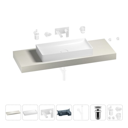 Раковина 75 см со столешницей 140 см Wellsee Pure BY Wellsee 201011805 в наборе 9 в 1: столешница, раковина, встраиваемый смеситель, сифон, выпуск, аксессуары (цвет набора матовый белый)