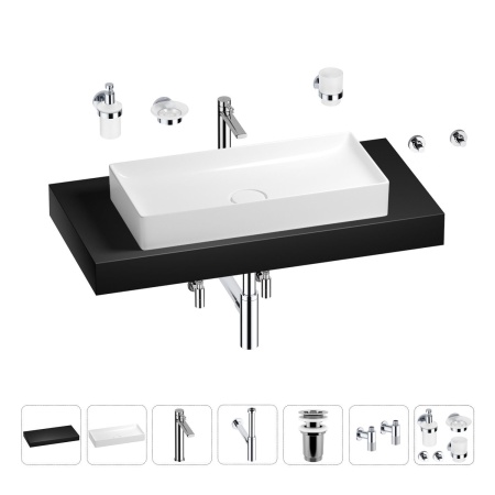 Раковина 75 см со столешницей 100 см Wellsee Pure BY Wellsee 201011656 в наборе 10 в 1: столешница, раковина, высокий смеситель, сифон, выпуск, кран-вентили, аксессуары (цвет хром)