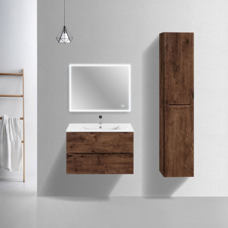 Тумба Vincea Mia Slim 800 подвесная, 2 выкатных ящика soft close, R.Wood с умывальником VBS-13980S1 керамическая, цвет белый