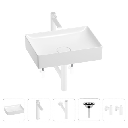 Раковина для ванной Wellsee Pure BY Wellsee 201004405 в наборе 5 в 1: раковина белого глянцевого цвета, высокий смеситель, сифон, выпуск, угловые вентили (цвет набора матовый белый)