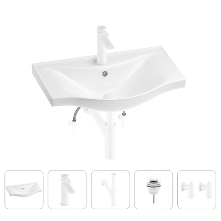 Раковина для ванной Wellsee Bisou 201005215 в наборе 5 в 1: раковина белого глянцевого цвета, смеситель, сифон, донный клапан, угловые вентили (цвет набора матовый белый)