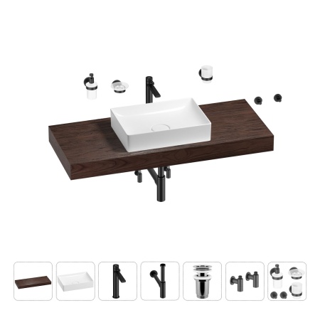 Раковина 50 см со столешницей 120 см Wellsee Pure BY Wellsee 201011377 в наборе 10 в 1: столешница, раковина, высокий смеситель, сифон, выпуск, кран-вентили, аксессуары (цвет матовый черный)