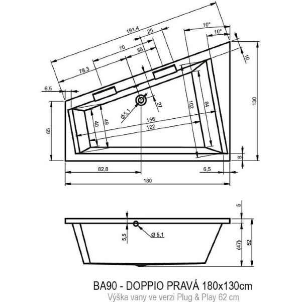 Акриловая ванна Riho Doppio 180x130 R Plug&Play BD4400500000000