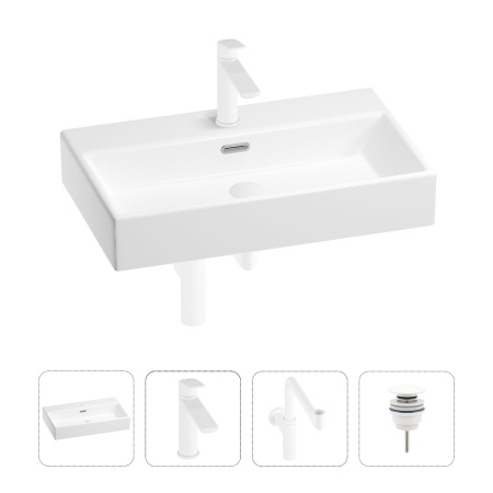 Раковина для ванной Wellsee Graceful Pro 201002995 в наборе 4 в 1: раковина белого глянцевого цвета, смеситель, сифон, донный клапан (цвет набора матовый белый)