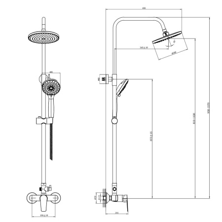 Душевая система Rossinka S35-45 для душа с регулируемой высотой штанги и лейкой "Тропический дождь"
