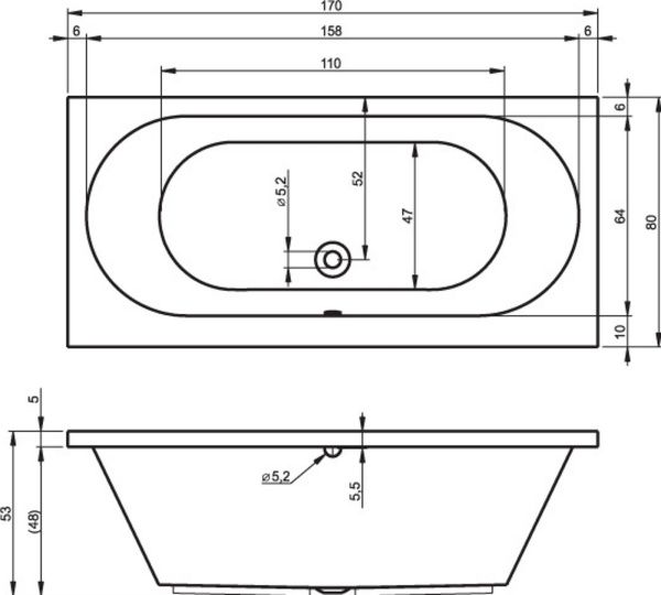 Акриловая ванна с ножками Riho Carolina 170x80 BB5300500000000