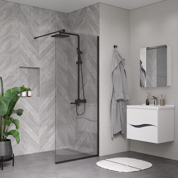 Душевая перегородка ограждение Reflexion RX20090CBL-14 Walk in 200x90см прозрачное закаленное стекло 8мм черный профиль