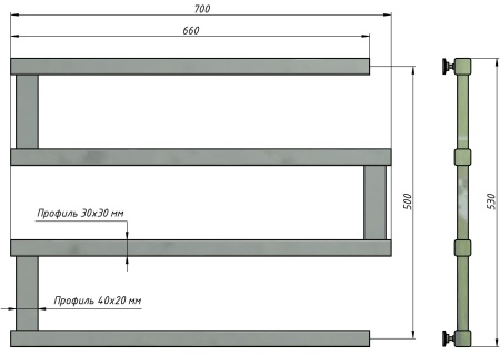 Полотенцесушитель водяной Stinox Optima 700x500, боковое подключение, черный матовый, 1/2" ВР (внутренняя резьба), 4 перекладины