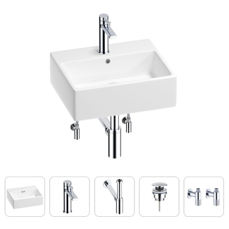 Раковина для ванной Wellsee Graceful Pro 201004581 в наборе 5 в 1: раковина белого глянцевого цвета, смеситель, сифон, донный клапан, угловые вентили (цвет набора хром)