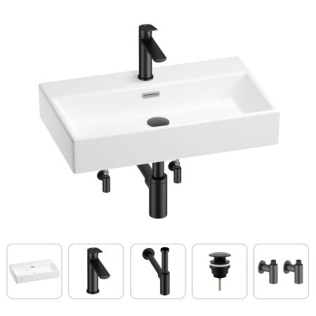 Раковина для ванной Wellsee Graceful Pro 201004627 в наборе 5 в 1: раковина белого глянцевого цвета, смеситель, сифон, донный клапан, угловые вентили (цвет набора матовый черный)