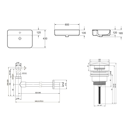 Комплект 3 в 1 Lavinia Boho Bathroom Sink 21520362: накладная фарфоровая раковина 60 см, металлический сифон, донный клапан