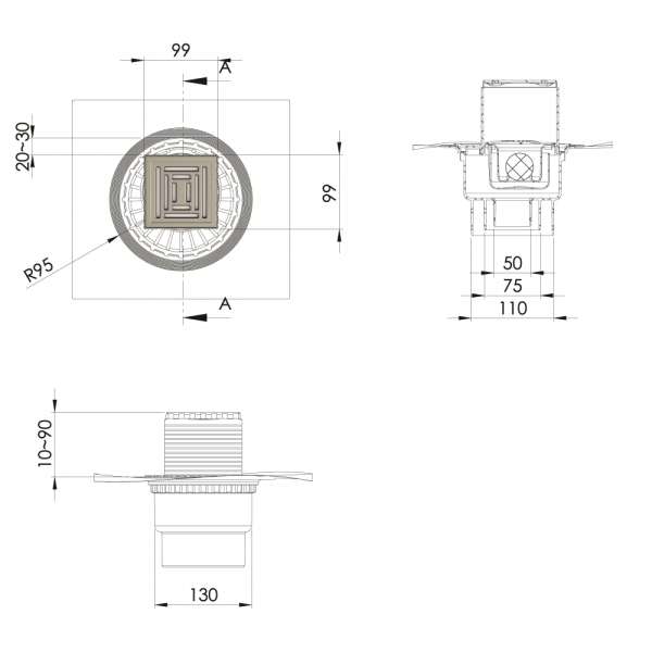 Трап BERGES водосток ZENTRUM Uno 100х100 матовый хром выпуск D50/75/110 H74 вертикальный