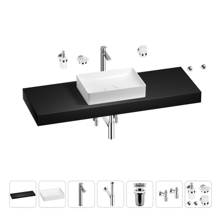 Раковина 50 см со столешницей 140 см Wellsee Pure BY Wellsee 201011531 в наборе 10 в 1: столешница, раковина, высокий смеситель, сифон, выпуск, кран-вентили, аксессуары (цвет хром)