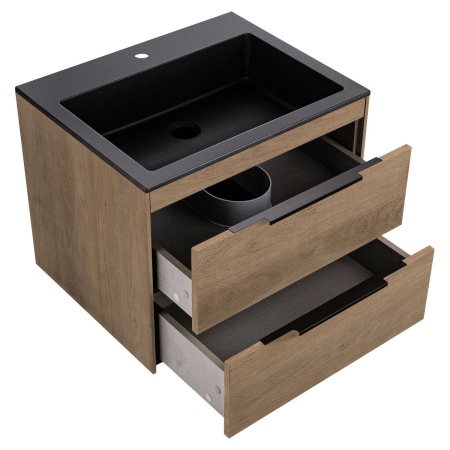 Тумба Vincea Chiara 2D 600 подвесная, 2 выкатных ящика soft-close, N.Oak с умывальником VCB-13600B из кварца, цвет черный