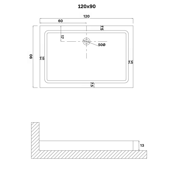 Душевой поддон NG-P1290-14Q (120х90х13) прямоугольник,1 место