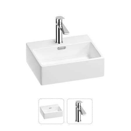 Раковина для ванной Wellsee Graceful Pro 201000766 в наборе 2 в 1: прямоугольная раковина белого глянцевого цвета, смеситель в цвете хром