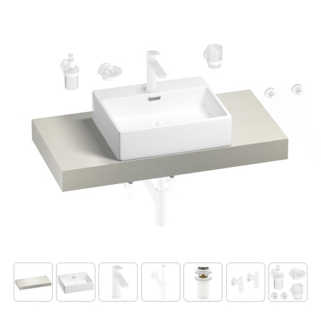 Раковина 50 см со столешницей 100 см Wellsee Graceful Pro 201012455 в наборе 10 в 1: столешница, раковина, смеситель, сифон, донный клапан, угловые вентили, аксессуары (цвет матовый белый)
