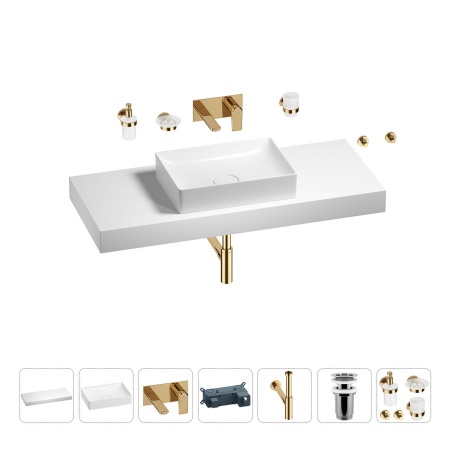Раковина 50 см со столешницей 120 см Wellsee Pure BY Wellsee 201011403 в наборе 9 в 1: столешница, раковина, встраиваемый смеситель, сифон, выпуск, аксессуары (цвет набора золото)