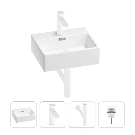 Раковина для ванной Wellsee Graceful Pro 201002875 в наборе 4 в 1: раковина белого глянцевого цвета, смеситель, сифон, донный клапан (цвет набора матовый белый)