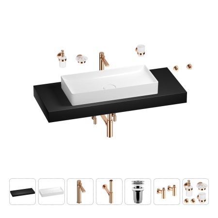 Раковина 75 см со столешницей 120 см Wellsee Pure BY Wellsee 201011779 в наборе 10 в 1: столешница, раковина, высокий смеситель, сифон, выпуск, кран-вентили, аксессуары (цвет розовое золото)
