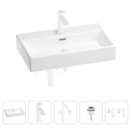 Раковина для ванной Wellsee Graceful Pro 201004670 в наборе 5 в 1: раковина белого глянцевого цвета, смеситель, сифон, донный клапан, угловые вентили (цвет набора матовый белый)