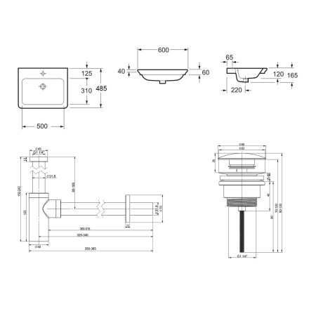 Комплект 3 в 1 Lavinia Boho Bathroom Sink 21520392: врезная фарфоровая раковина 60 см, металлический сифон, донный клапан