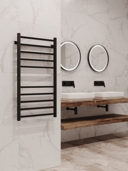 Полотенцесушитель водяной Stinox Quatro 500x1000, нижнее подключение, черный матовый, 1/2" ВР (внутренняя резьба), 10 перекладин