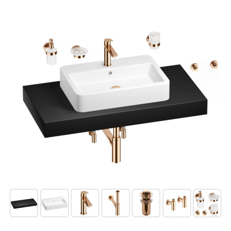 Раковина 60 см со столешницей 100 см Wellsee Halcyon 201012024 в наборе 10 в 1: столешница, раковина, смеситель, сифон, донный клапан, угловые вентили, аксессуары (цвет розовое золото)