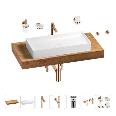 Раковина 75 см со столешницей 100 см Wellsee Pure BY Wellsee 201011599 в наборе 10 в 1: столешница, раковина, высокий смеситель, сифон, выпуск, кран-вентили, аксессуары (цвет розовое золото)