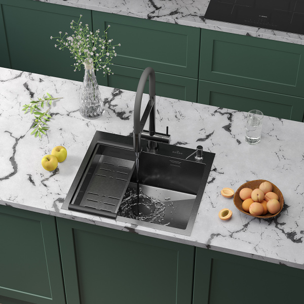 Кухонная мойка Roxen Simple 55 PVD (графит) с коландером и дозатором