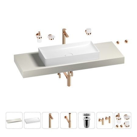 Раковина 75 см со столешницей 140 см Wellsee Pure BY Wellsee 201011794 в наборе 10 в 1: столешница, раковина, высокий смеситель, сифон, выпуск, кран-вентили, аксессуары (цвет розовое золото)