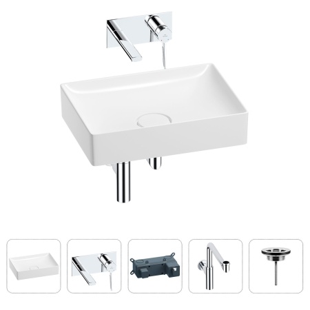 Раковина для ванной Wellsee Pure BY Wellsee 201002696 в наборе 4 в 1: раковина белого глянцевого цвета, встраиваемый смеситель, сифон, выпуск (цвет набора хром)