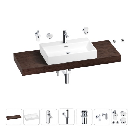 Раковина 70 см со столешницей 140 см Wellsee Graceful Pro 201012786 в наборе 10 в 1: столешница, раковина, смеситель, сифон, донный клапан, угловые вентили, аксессуары (цвет хром)