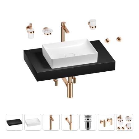 Раковина 50 см со столешницей 80 см Wellsee Pure BY Wellsee 201011174 в наборе 10 в 1: столешница, раковина, высокий смеситель, сифон, выпуск, кран-вентили, аксессуары (цвет розовое золото)