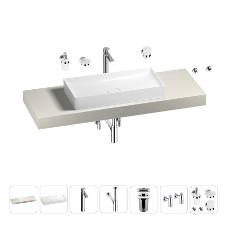 Раковина 75 см со столешницей 140 см Wellsee Pure BY Wellsee 201011791 в наборе 10 в 1: столешница, раковина, высокий смеситель, сифон, выпуск, кран-вентили, аксессуары (цвет хром)