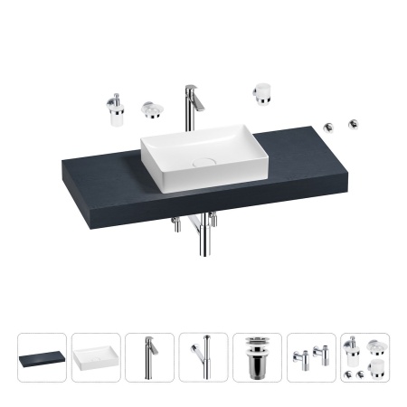 Раковина 50 см со столешницей 120 см Wellsee Pure BY Wellsee 201011331 в наборе 10 в 1: столешница, раковина, высокий смеситель, сифон, выпуск, кран-вентили, аксессуары (цвет хром)