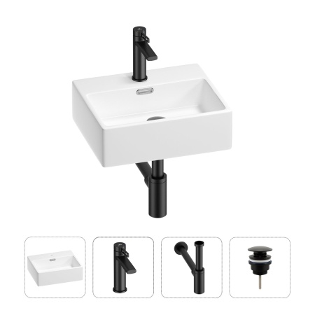 Раковина для ванной Wellsee Graceful Pro 201002857 в наборе 4 в 1: раковина белого глянцевого цвета, смеситель, сифон, донный клапан (цвет набора матовый черный)