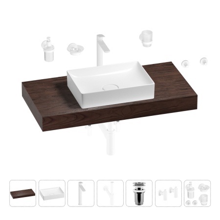 Раковина 50 см со столешницей 100 см Wellsee Pure BY Wellsee 201011255 в наборе 10 в 1: столешница, раковина, высокий смеситель, сифон, выпуск, кран-вентили, аксессуары (цвет матовый белый)