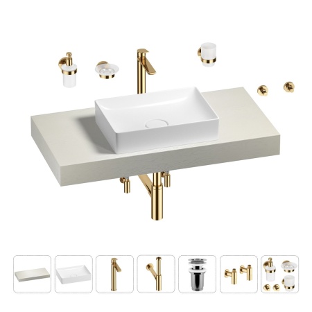Раковина 50 см со столешницей 100 см Wellsee Pure BY Wellsee 201011193 в наборе 10 в 1: столешница, раковина, высокий смеситель, сифон, выпуск, кран-вентили, аксессуары (цвет золото)