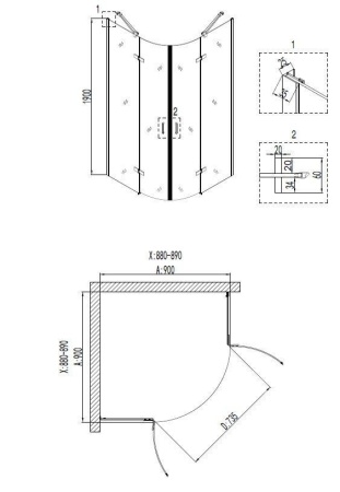 Душевое ограждение Niagara Nova NG-6815-08 BLACK 90x90x190 полукруг, двери распашные