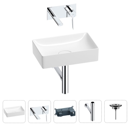 Раковина для ванной Wellsee Pure BY Wellsee 201002566 в наборе 4 в 1: раковина белого глянцевого цвета, встраиваемый смеситель, сифон, выпуск (цвет набора хром)