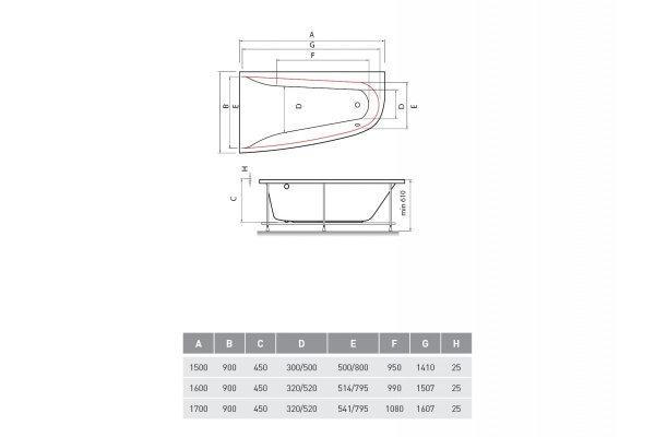 Ванна акриловая левосторонняя Vayer BOOMERANG Гл000009592, 170x90