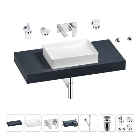 Раковина 50 см со столешницей 100 см Wellsee Pure BY Wellsee 201011221 в наборе 9 в 1: столешница, раковина, встраиваемый смеситель, сифон, выпуск, аксессуары (цвет набора хром)