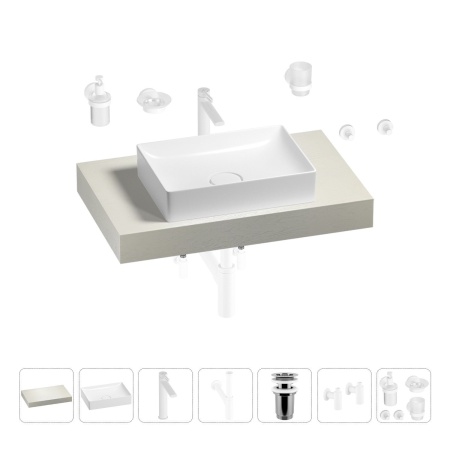 Раковина 50 см со столешницей 80 см Wellsee Pure BY Wellsee 201011080 в наборе 10 в 1: столешница, раковина, высокий смеситель, сифон, выпуск, кран-вентили, аксессуары (цвет матовый белый)