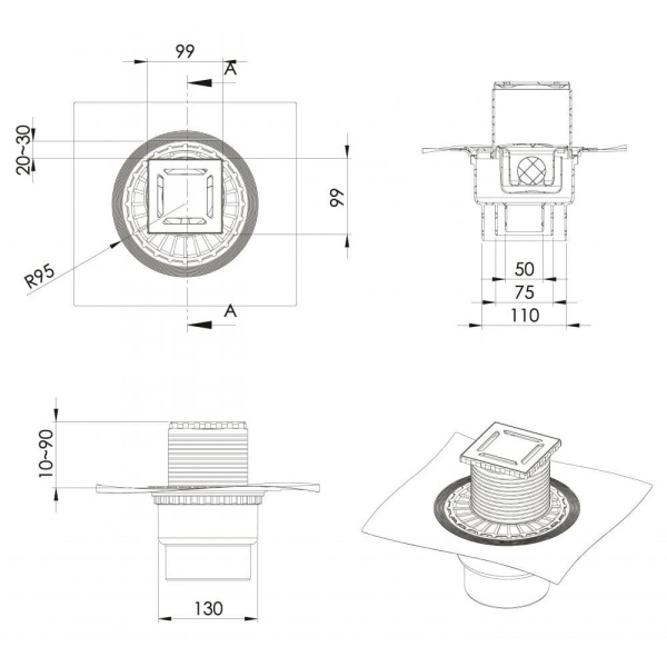 Трап BERGES водосток ZENTRUM Norma 100х100 хром глянец выпуск D50/75/110 H74 вертикальный