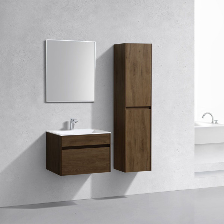 Тумба Vincea Chiara 600 подвесная, 1 выкатной ящик soft-close, T.Oak с умывальником VCB-13600W из искусственного камня, цвет белый