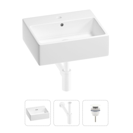 Раковина для ванной Wellsee Graceful Pro 201001330 в наборе 3 в 1: прямоугольная раковина белого глянцевого цвета, сифон, донный клапан в цвете матовый белый