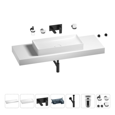 Раковина 75 см со столешницей 140 см Wellsee Pure BY Wellsee 201011882 в наборе 9 в 1: столешница, раковина, встраиваемый смеситель, сифон, выпуск, аксессуары (цвет набора матовый черный)