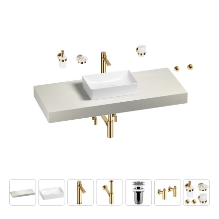 Раковина 42 см со столешницей 120 см Wellsee Pure BY Wellsee 201010893 в наборе 10 в 1: столешница, раковина, высокий смеситель, сифон, выпуск, кран-вентили, аксессуары (цвет золото)