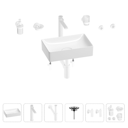 Раковина для ванной Wellsee Pure BY Wellsee 201006280 в наборе 9 в 1: раковина белого глянцевого цвета, высокий смеситель, сифон, выпуск, угловые вентили, аксессуары (цвет матовый белый)